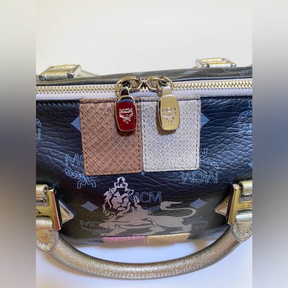 MCM Black Canvas, Snakeskin Embossed and Leather Princess Lion Boston Bag - Picture 8 of 12